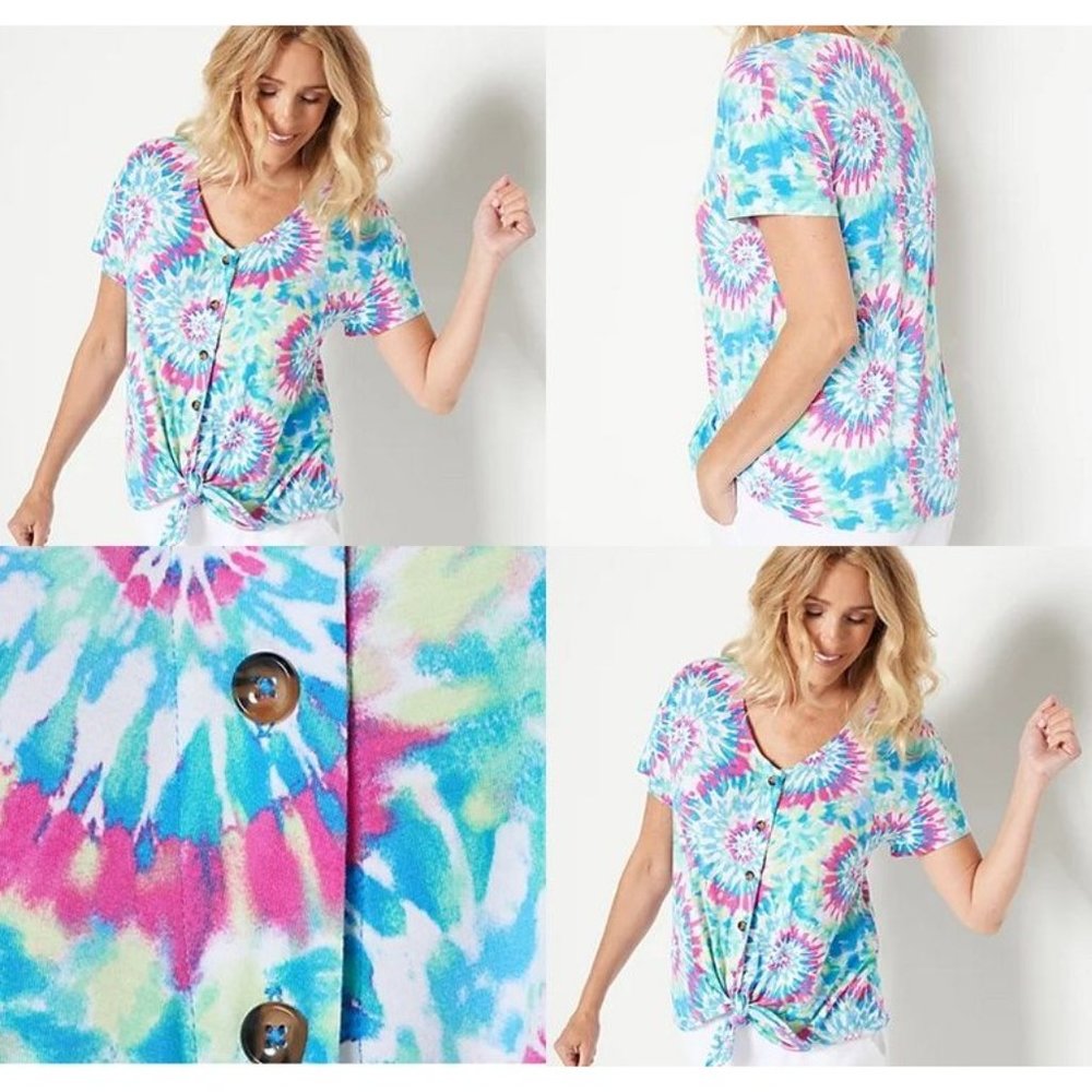 UGG Koolaburra Size XL Shirt Tie Dye Swirl Stretch Jersey Knit Button Up V-neck - Picture 10 of 10